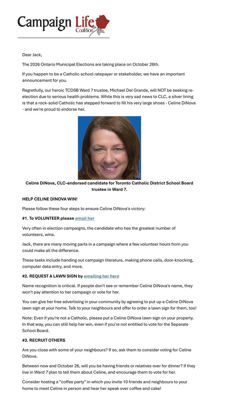 Complete first page of the Campaign Life Coalition endorsement letter for Celine DiNova