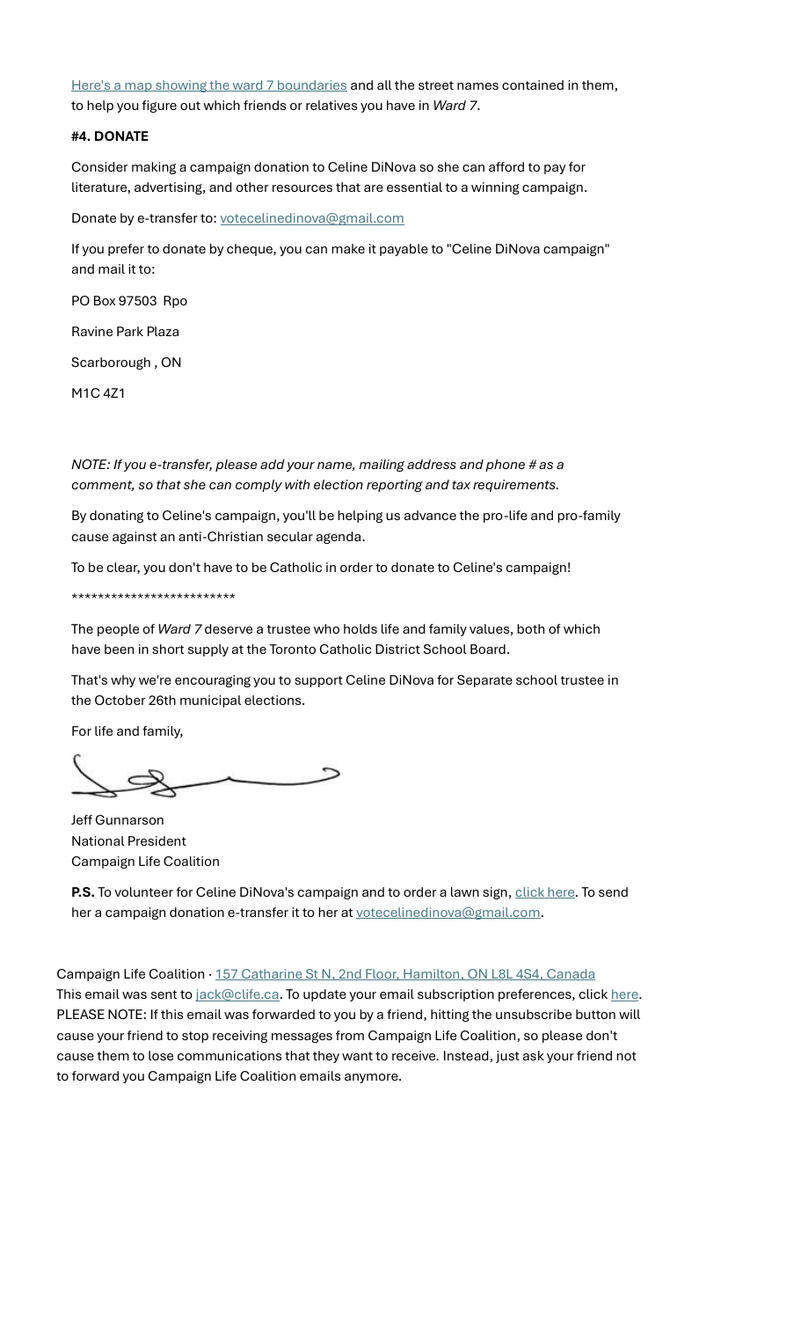 Complete second page of the Campaign Life Coalition endorsement letter, signed by Jeff Gunnarson